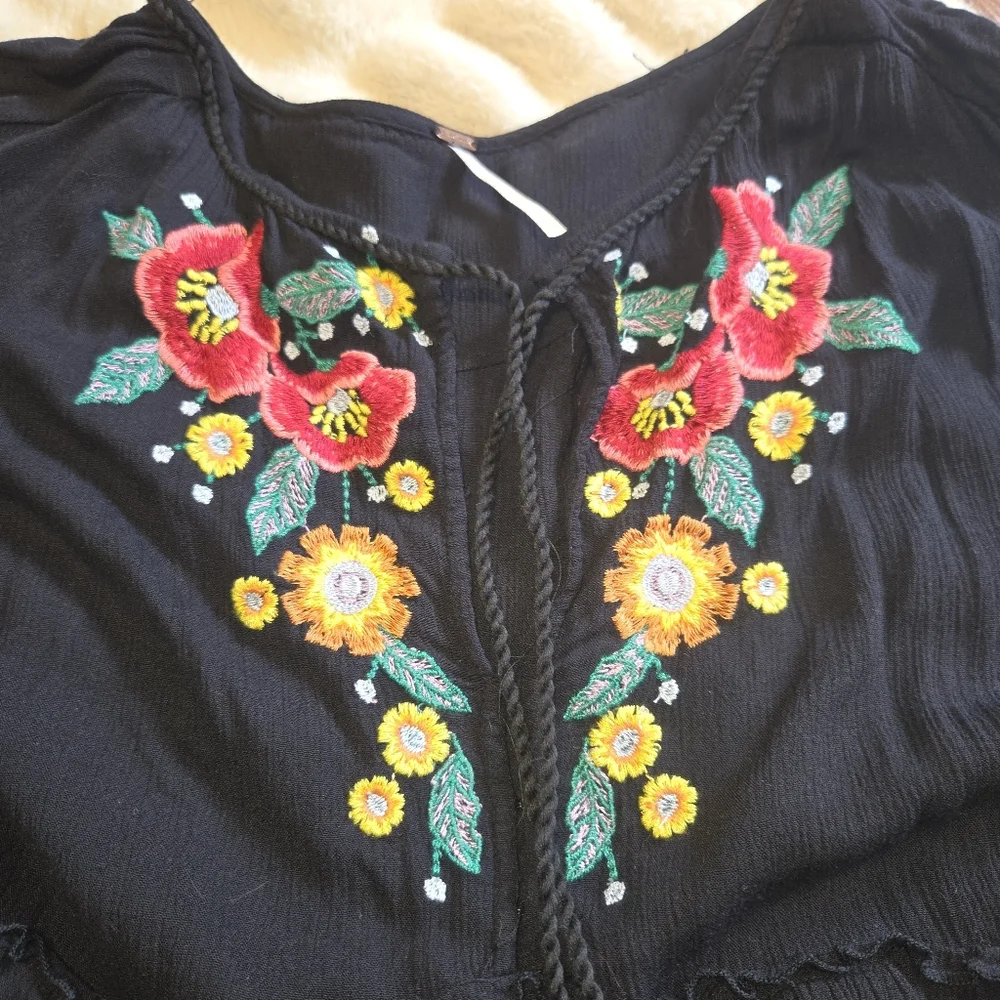 Free People Black Embroidered Balloon Sleeve Boho Oversized Tiered Dress [XS]